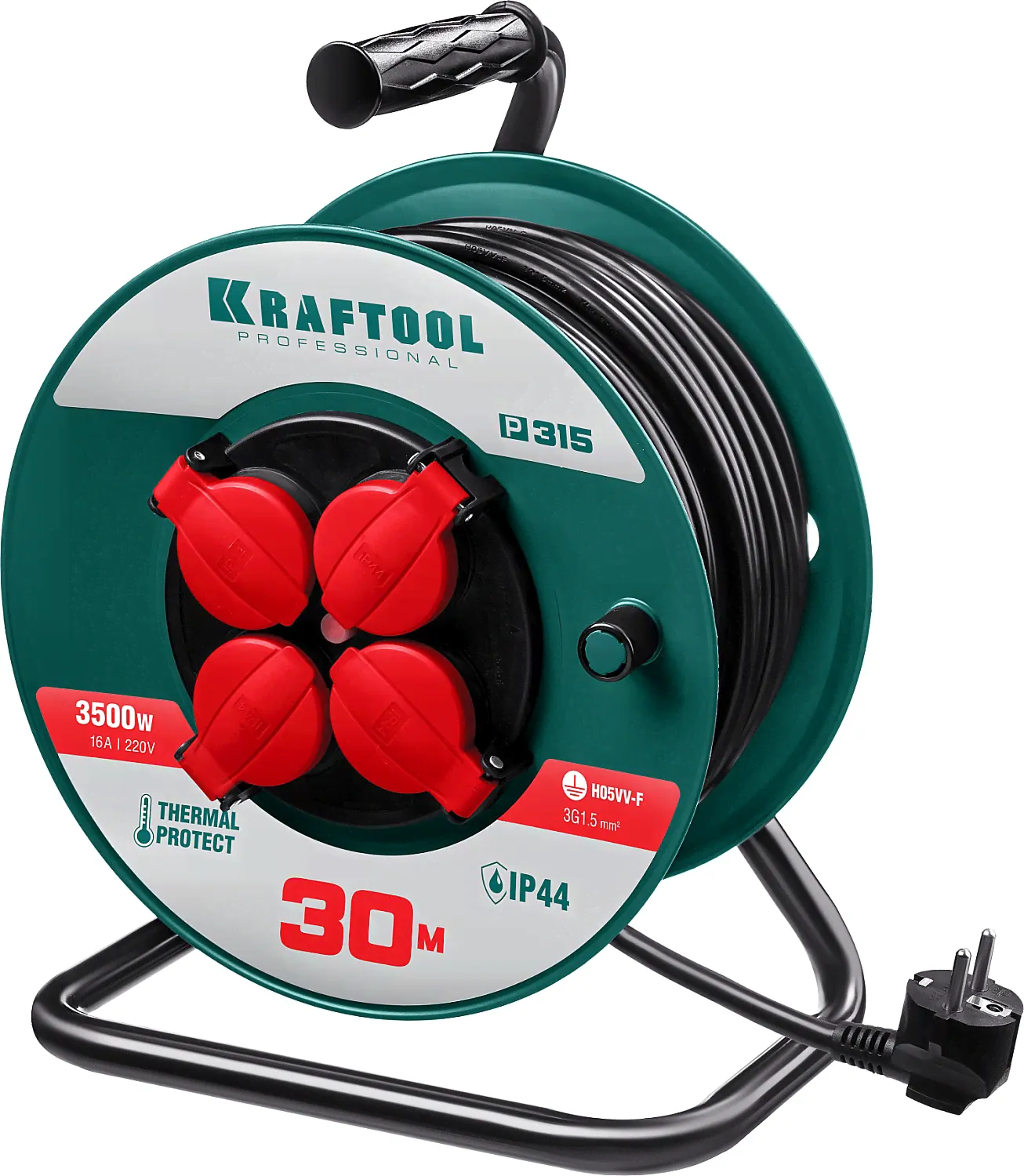 P-315 удлинитель на катушке, 50 м, 3500 Вт, 4 гнезда, IP44, ПВС 3x1,5 кв мм, KRAFTOOL (арт. 55084-50)-0