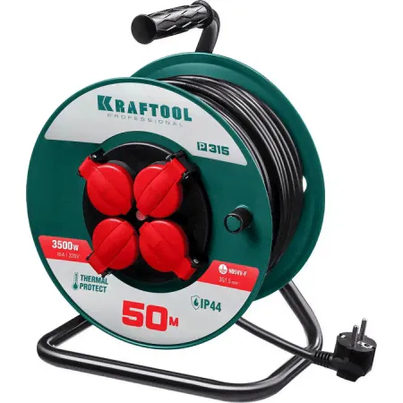 Удлинитель P-315 на катушке, -50 м, -3500 Вт, -4 гнезда, IP44, ПВС -3x1,5 кв мм, KRAFTOOL