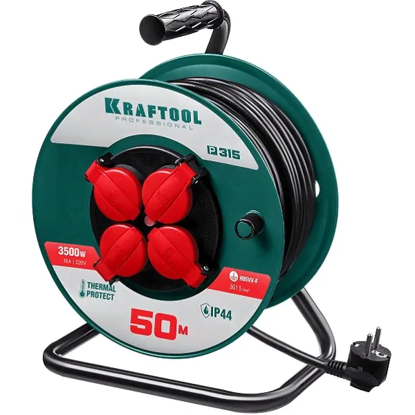 Удлинитель на катушке P-315, 50 м, 3500 Вт, 4 гнезда, IP44, ПВС 3x1.5 мм2, KRAFTOOL, 55084-50